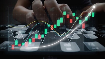 A close-up image of hands typing on a keyboard, integrated with financial graphs and data charts, symbolizes analysis in modern business and investment activities. Copula