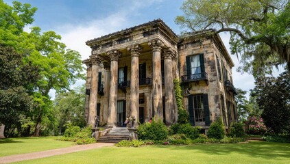 Fototapeta premium A grand, weathered mansion stands stately amidst lush greenery, its columns and classic architecture showcasing a history of enduring beauty.