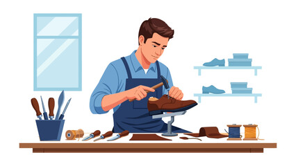 Crafting Comfort: A skilled artisan meticulously works on a leather shoe. This image celebrates craftsmanship, detail, and timeless artistry.