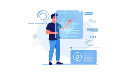 Tech-Savvy Individual Interacting With Futuristic Interface Depicting Coding and Software