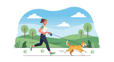 Fototapeta premium Woman Jogging With Her Dog In The Park During A Sunny Day Leisure Activity