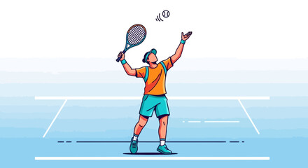 Tennis Player Serving, Preparing for a Serve on a Bright, Clean Blue Court Illustration