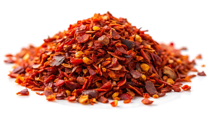 Macro shot of crushed red chili flakes on a white plate