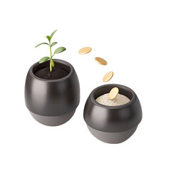 Green sprout growing coins falling into pot plant