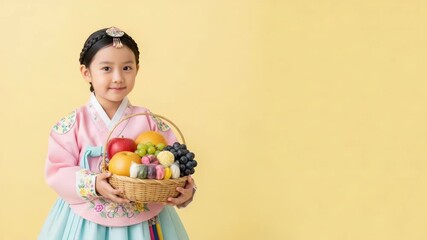 Chuseok celebration with little girl holding fruit basket against bright background. Girl in traditional clothing, holding fruit basket including apples, grapes, and assorted sweets, smiling sweetly.