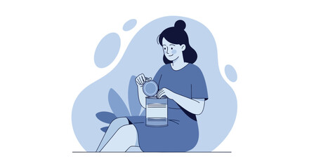 Obraz premium Woman Opening Can of Food Illustration in Flat Blue Tones for Dietary and Nutritional Concepts