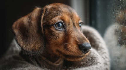 dachshund puppy wearing a tiny raincoat looking out the window, rainy day vibe, cozy mood