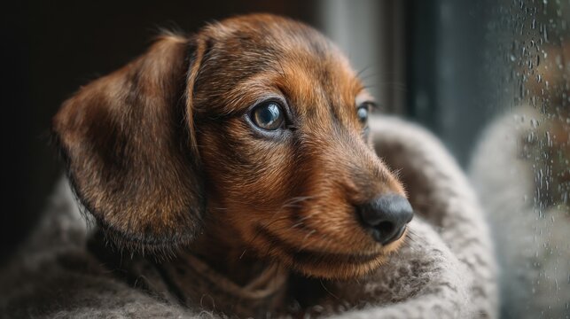 dachshund puppy wearing a tiny raincoat looking out the window, rainy day vibe, cozy mood - Powered by Adobe
