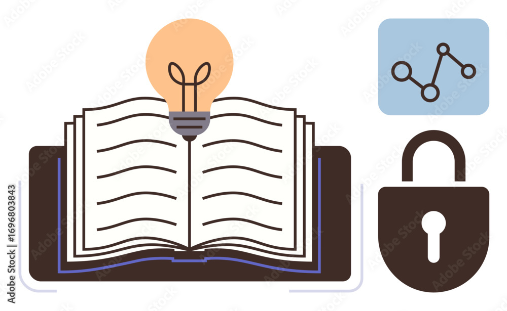 Poster open book with glowing lightbulb symbolizing ideas, lock for security, and graph for analysis. ideal