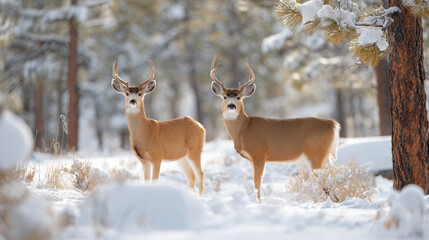 Fototapeta premium two majestic deer gracefully standing in snowcovered landscape surrounded by tall evergreen trees