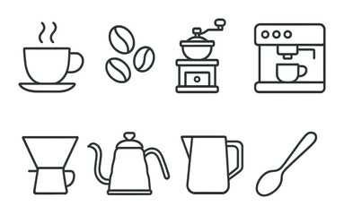Coffee essentials: cup, beans, grinder, espresso machine, pour over, kettle, pitcher, spoon