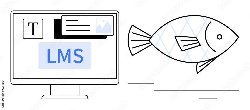 Poster desktop screen with lms interface elements, text, and image tools paired with a linear fish graphic.