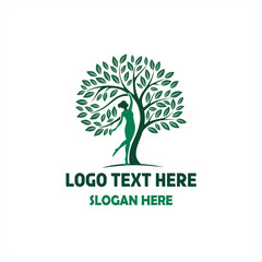 Obraz premium Nature Wellness Logo – Woman with Tree and Leaves Vector Illustration