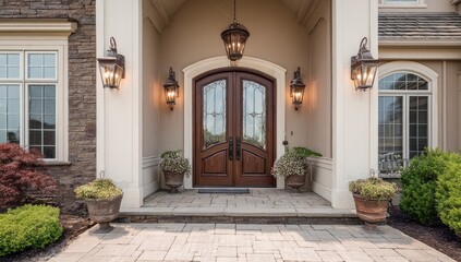 A grand entranceway to a stately home, showcasing a double wooden door and elegant light fixtures, set against a backdrop of beige walls and stonework.