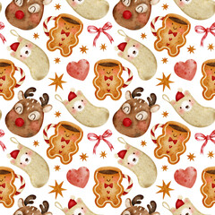 Seamless watercolor pattern with gingerbread mug, reindeer face and teddy bear sock. Perfect for stickers, cards, wrapping paper, textile and festive craft projects.