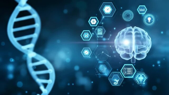 Digital brain with dna helix and medical icons in blue artificial intelligence concept - Powered by Adobe