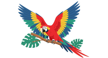 Vibrant Parrot Displaying Wingspan Perched On Branch With Tropical Foliage