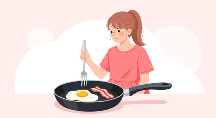 Woman Preparing Breakfast With Sunny Side Up Egg and Bacon In A Frying Pan