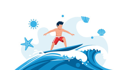 Vibrant Summer Surfing Adventure on a Blue Wave with Sun and Beach Elements