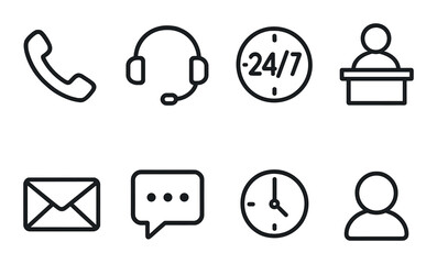 Customer service icons: phone, email, chat, support, 24/7 availability