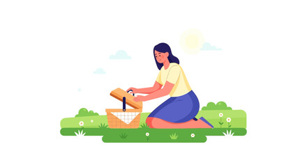 Woman Preparing For Picnic Amidst Nature, Sunny Day, Leisure, and Tranquility Illustrated