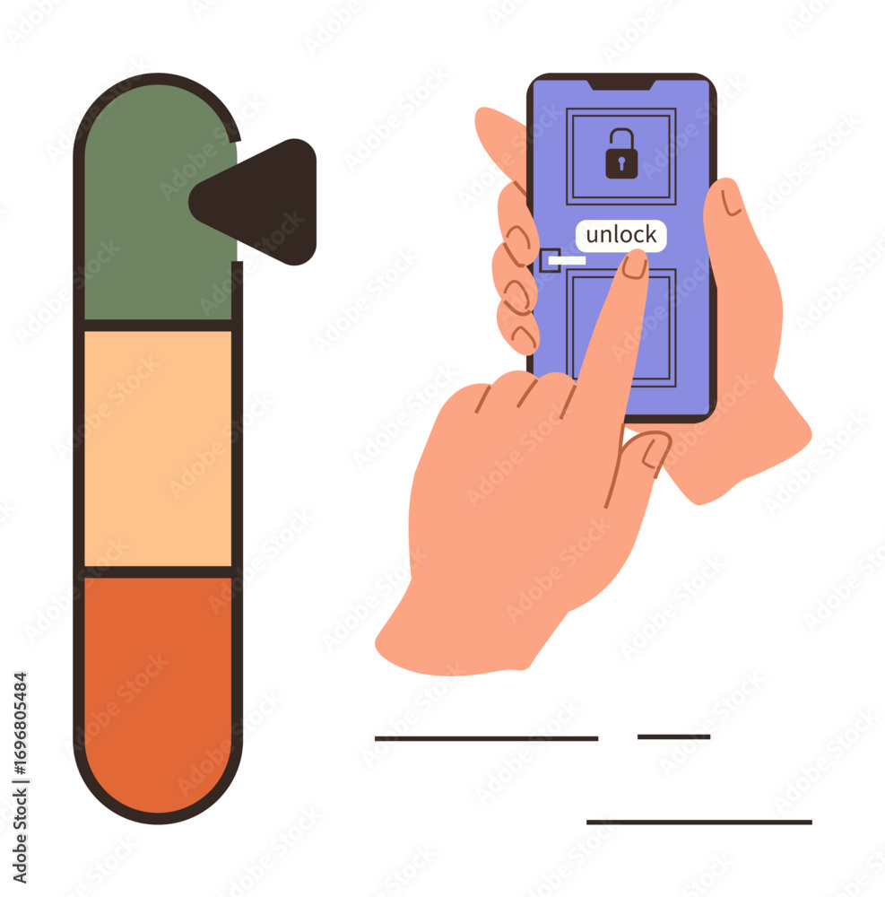 Poster hands hold a smartphone while unlocking with a button press and fingerprint. progress bar shows secu