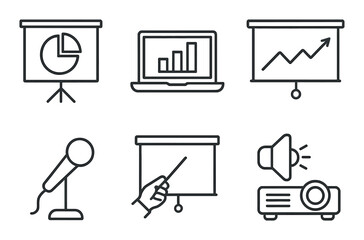 Presentation icons set: charts, laptop, projection screen, microphone, pointer, projector