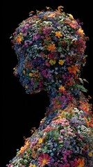 Obraz premium Human body covered in colorful flowers against a black background.