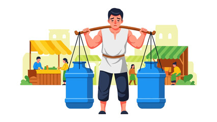 Water Carrier: A hardworking individual carries heavy water containers in a market setting, showcasing labor and essential service in the community.