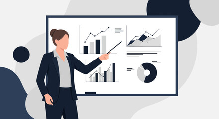 Woman Presenting Business Data Graphs and Charts During a Financial Analysis Presentation