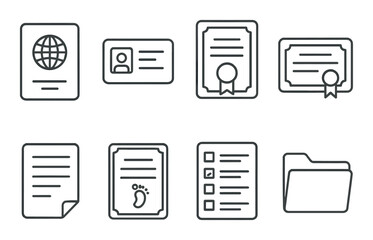 Outline of various document icons including certificates and identification