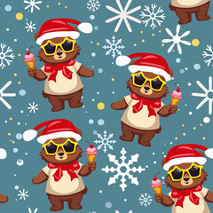 Hand drawn vector seamless christmas child pattern with snowflake, cartoon funny bear cub in red scarf, santa claus hat. 2026 New Year fashion ornament for fabric, paper, textiles, notepad, packaging.