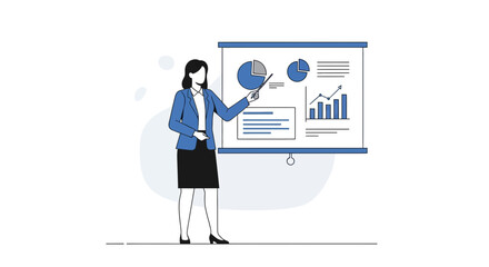Fototapeta premium Woman Presenting Data Graphics And Pie Charts On Digital Presentation Screen