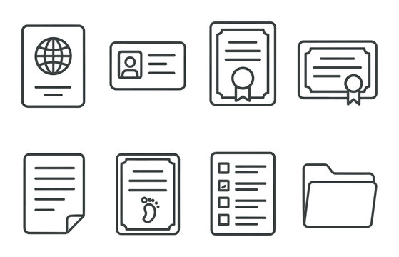 Outline of various document icons including certificates and identification