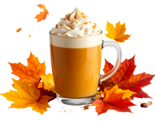Pumpkin Spice Latte with Autumn Leaves, Realistic Coffee Scene, Transparent Background PNG
