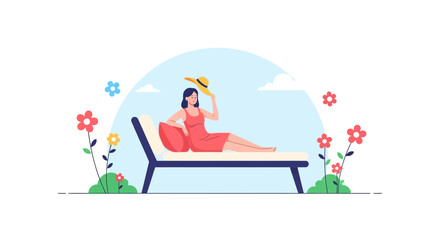 Woman Relaxing On A Sun Lounger Under The Sky In An Illustrated Summer Scene
