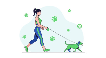 Woman Walking Dog in Park Green Illustration Outdoors Exercise Healthy Lifestyle
