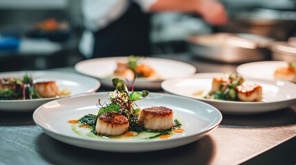 Seared scallops plated with microgreens in a professional kitchen setting