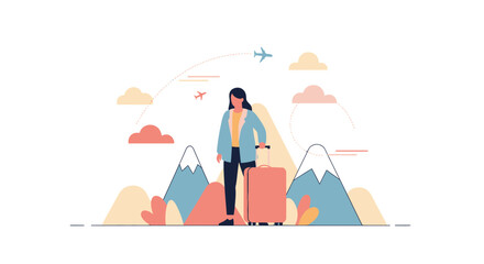 Obraz premium Woman With Suitcase Ready For Trip Departing From Mountains Near The Airplanes