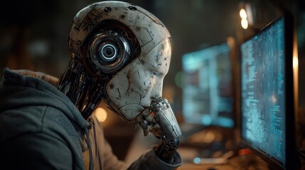 Highly detailed cyborg is coding at a modern computer station, developing artificial intelligence programs for the future of technology
