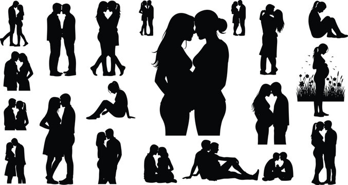 Romantic couple silhouettes showing love, intimacy, pregnancy, and emotional connection in various poses for family, relationship, and maternity themes.