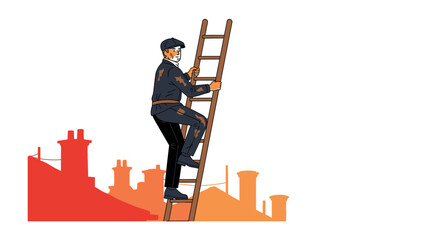 Chimney Sweep's Ascent: A determined chimney sweep climbs a wooden ladder, silhouetted against the cityscape skyline, symbolizing aspiration and a classic profession. © AJM