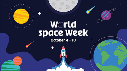 Naklejka premium Vector art of world space week banner featuring rockets, planets, moon, and stars against a dark blue cosmic background