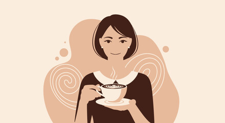 Woman Savoring Aromatic Coffee: A Minimalist Latte Art Illustration In Beige Tones