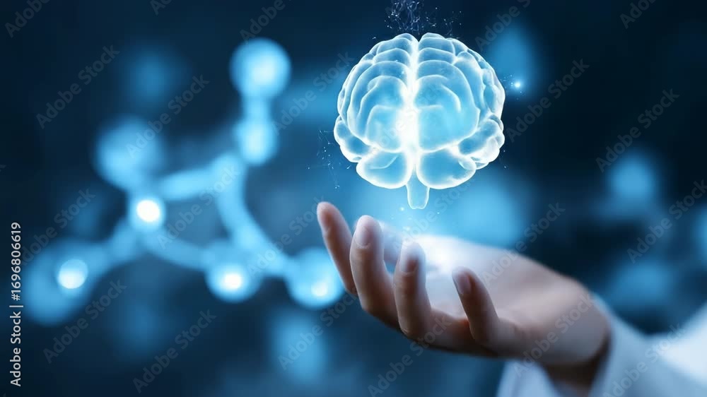 Poster futuristic visualization of digital brain in hand with molecular background