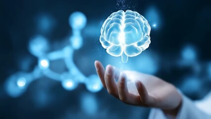 Futuristic visualization of digital brain in hand with molecular background - Powered by Adobe