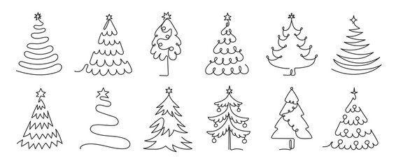 Continuous one line christmas tree. Linear festive winter holiday trees doodles with decorative stars. Line art Xmas tree for seasonal holidays isolated vector illustration set.
