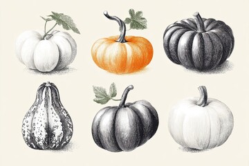 Hand-drawn pumpkins showing different varieties and colors