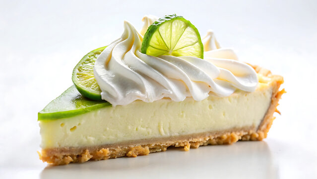 Slice Of Key Lime Pie With A Perfectly Piped Whipped Cream On White Plate Dessert Close Up Photo