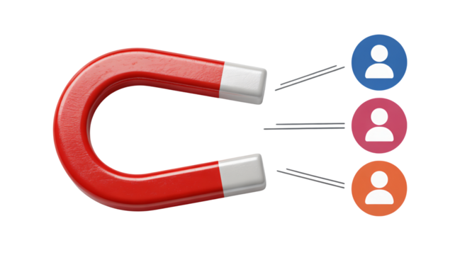 Powerful magnet attracting diverse people icons, symbolizing customer acquisition and engagement strategies.